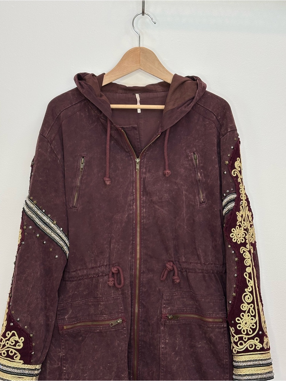 Free People Golden Quills Military Parka Jacket Size S Boho Merlot Burgundy - Picture 6 of 14